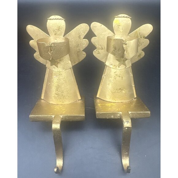 Pier One Gold Metal Angel w/ Star Christmas Stocking Holder Hanger Set Of 2 - Picture 2 of 8